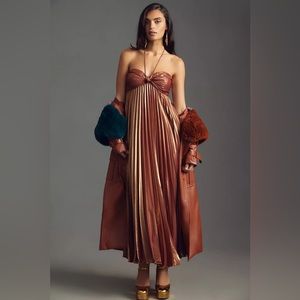 By Anthropologie Plissé Halter Dress, L, Metallic Bronze